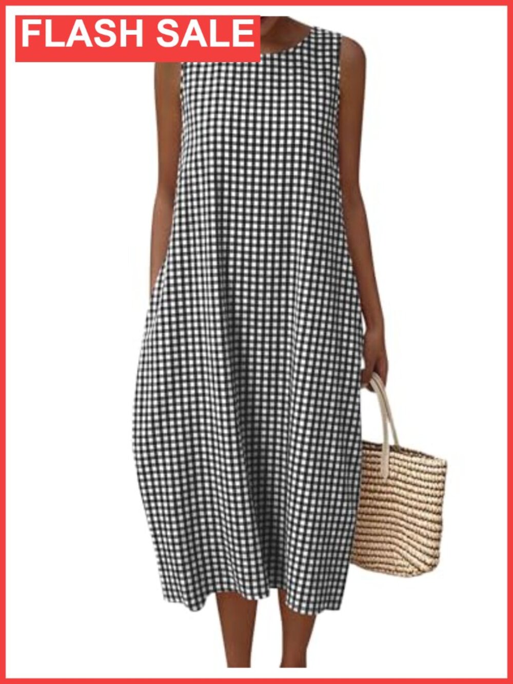 Women's Sleeveless Cotton Gingham Midi Dress with Pockets
